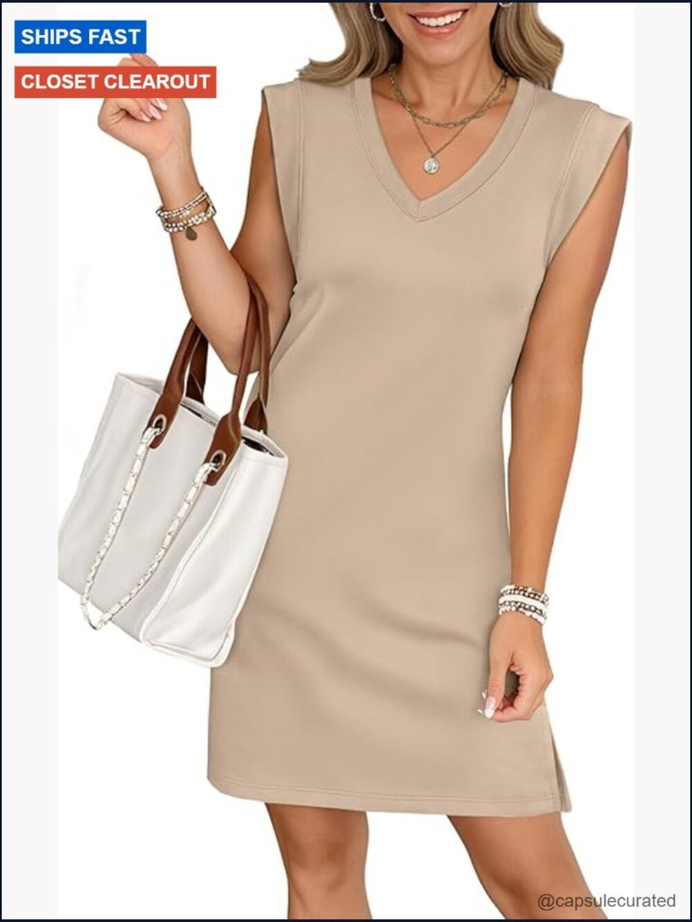 V Neck Sleeveless Mini Sundress with Pockets, Business Casual Beach Vacation - Picture 1 of 7